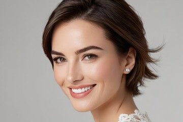 Fototapeta premium Portrait beautiful model woman with white teeth smile, healthy hair and beauty skin on light background. Concept of advertising dentist and facial care. Generative AI