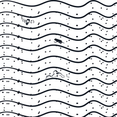 Cartoon sea or ocean surface littered with particles and pieces of garbage.