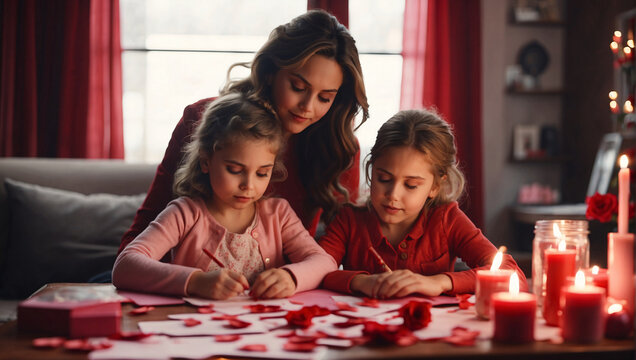 Mom and daughters create cards together, decorate room with hearts, sign valentines, immersing in atmosphere of love and warmth for Valentine's Day. Discussing plans, fun ideas to make day special