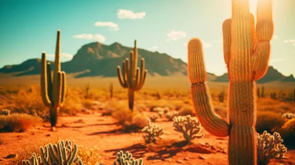 Rolgordijnen Close-up of different cacti against a desert background. Sweltering heat. Desert landscape. Generative AI © AngrySun