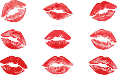 Set imprint kiss lips on transparent background. Realistisch vector kiss in red color. Human lips....