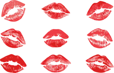 Fotobehang Set imprint kiss lips on transparent background. Realistisch vector kiss in red color. Human lips. Vector EPS 10   © The Best Stocker