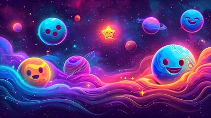 Animated Cosmic Landscape with Smiling Planets