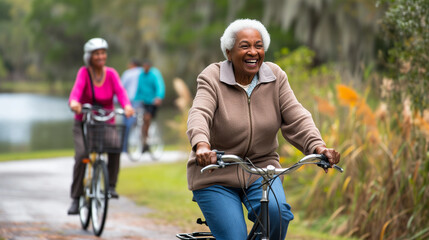 Obraz premium Happy African American elderly woman riding bicycle in park. Senior people doing outdoor activity.