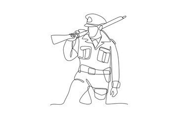 Single continuous line drawing of young soldier is Soldiers carry weapons while walking. Professional work job occupation. Minimalism concept one line draw graphic design vector illustration