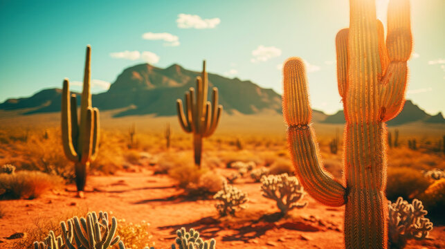 Close-up of different cacti against a desert background. Sweltering heat. Desert landscape. Generative AI © AngrySun