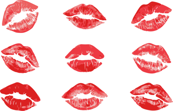 Set imprint kiss lips on transparent background. Realistisch vector kiss in red color. Human lips. Vector EPS 10	
