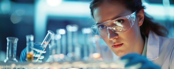 Female scientist researching in the chemistry laboratory with pipettes and test tubes - obrazy, fototapety, plakaty
