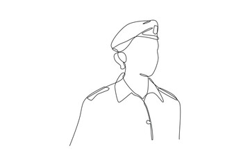 Single continuous line drawing of young soldier pose use military uniform. Professional work job occupation. Minimalism concept one line draw graphic design vector illustration