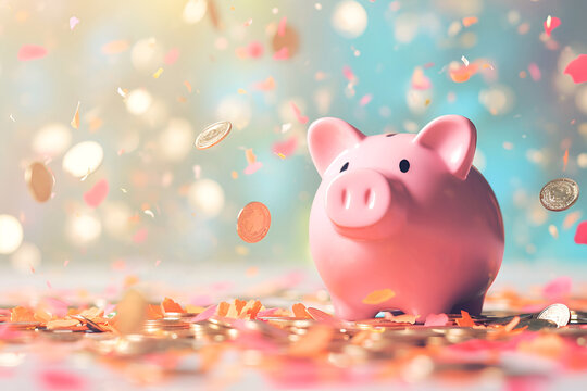 Pink piggy bank surrounded by flying golden coins on light blurred background, money saving. Symbol of safe finance investments. Investment piggy bank, security of money storage concept