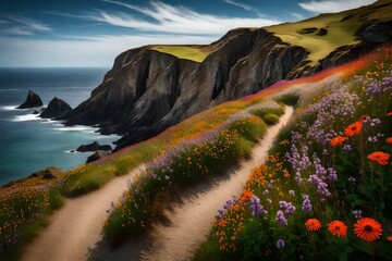 A serene coastal path lined with wildflowers, leading to a hidden cove embraced by dramatic cliffs.