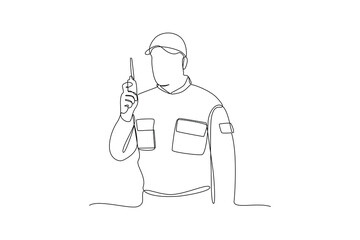 Single continuous line drawing of young soldier is hold the weapon carefully. Professional work job occupation. Minimalism concept one line draw graphic design vector illustration