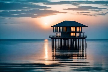 A solitary overwater abode amidst twilight, its stilts creating a perfect reflection on the glass-like ocean, embodying a serene and picturesque moment.