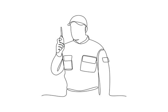 Single continuous line drawing of young soldier is hold the weapon carefully. Professional work job occupation. Minimalism concept one line draw graphic design vector illustration