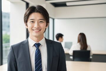 お洒落なオフィスで微笑むさわやかイケメンビジネスマン 30代～40代