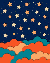 Night sky with stars and clouds, in retro style