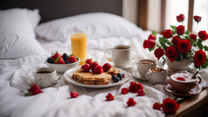 Fototapeta na wymiar Give your loved one a romantic breakfast in bed on February 14th. breakfast for Valentine's Day with pancakes, fresh berries, juice decorated with red roses will add spice to this intimate moment