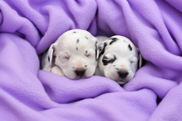 Two little dalmatian puppies sleeping in a purple blanket. Two newborn puppies sleeping. Concept of love, pet care. For veterinary clinic, pet shop banner, ad