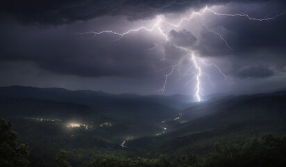 Naklejka na ściany i meble Lightning in the sky above the valley and forest at night. ai generative