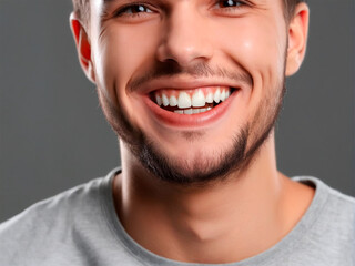 Closeup portrait of a young man with healthy teeth on gray background