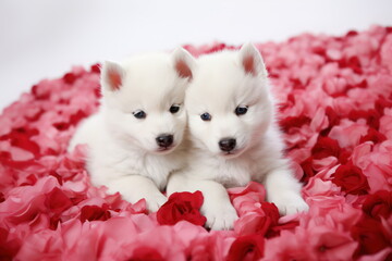 Two adorable white puppies lying down together in a pile of red and pink roses. Concept of Love, Valentines Day, Pet Adoption. For banner, poster, calendar.
