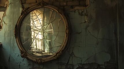 Old, crazed wall mirror in an abandoned house. vintage look.