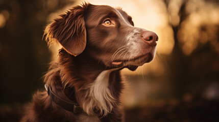 A captivating portrait of a dog, bathed in soft natural light, with a focused gaze that reflects its playful spirit and deep connection with its owner.