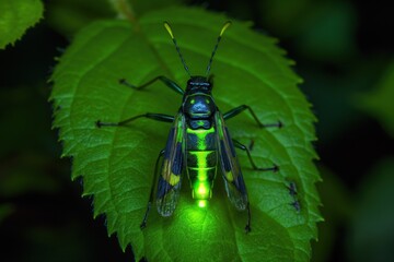 green neon glow firefly bug insect . generative ai