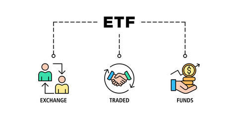 ETF banner web icon vector illustration concept Exchange Traded Funds Stock Market Investment with icon of money, cash flow, trading, transaction, bank, accounting, and growth