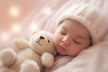 Close up portrait of beautiful cute baby sleeping in pajama in bed with her teddy bear, lying on pillow with closed eyes. Generative AI