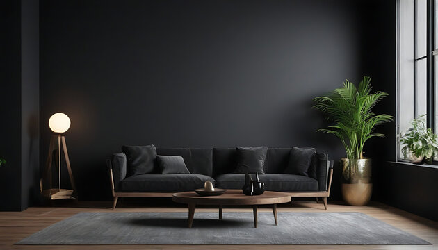 Modern-luxury-living-room-interior-background--living-room-interior-mockup--interior-with-black-walls--dark-interior-of-living-room-with-black-wall--chair--and-wooden-console.