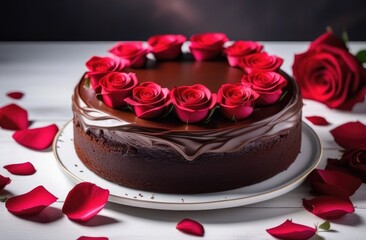 Obraz na płótnie Canvas Chocolate cake decorated with red roses on a white plate.
