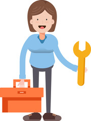 Woman Character Holding Toolbox and Wrench
