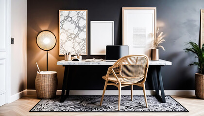 Beautiful arrangement of the inside of an office or room featuring a patterned carpet, black rack, wooden desk, rattan chair, marble lamp, and individual accessories. (Version 2) - Generative AI