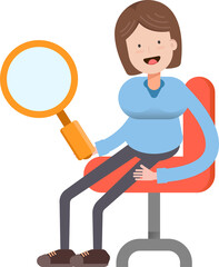 Woman Character Sitting and Holding Magnifier
