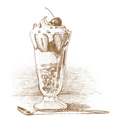Ice cream with strawberries in a glass cup drawn by hand.