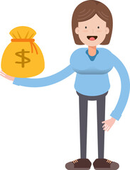 Woman Character Holding Dollar Sack

