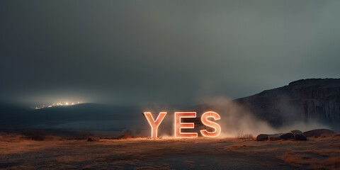Word yes glowing on night fog background with copy space