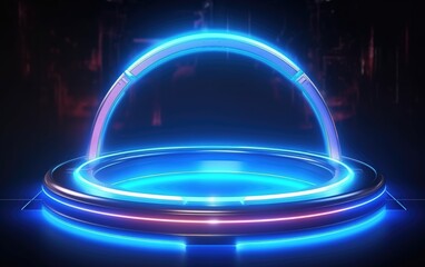 Futuristic teleport podiums Blue, neon hologram portal. Magic fantasy portal. Magic circle teleport