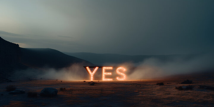 Word yes glowing on night fog background with copy space