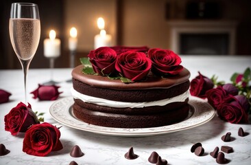 Obraz na płótnie Canvas Chocolate cake decorated with red roses on a white plate. There is a white candle nearby. a glass of champagne. Festive table, Valentine's day, wedding, romance, holiday.
