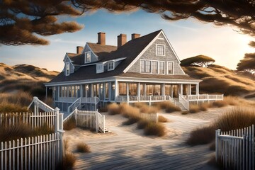 An elegant Cape Cod-style home surrounded by dunes, featuring weathered shingles, a spacious deck, and sailboats dotting the distant seascape.