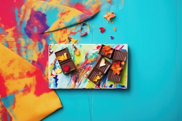 whole and broken chocolate bar on colorful napkin