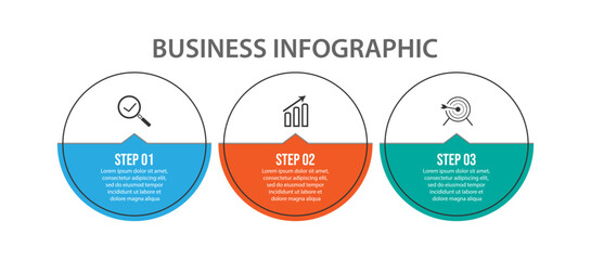 Simple infographic business with 3 parts or steps, there are icons, text, numbers. Can be used for presentation banners, workflow layouts, process diagrams, flow charts, infographics, your business pr