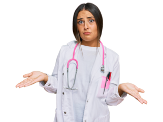 Beautiful hispanic woman wearing doctor uniform and stethoscope clueless and confused expression with arms and hands raised. doubt concept.