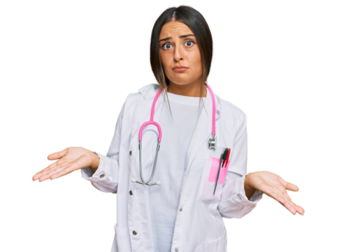 Beautiful hispanic woman wearing doctor uniform and stethoscope clueless and confused expression with arms and hands raised. doubt concept.