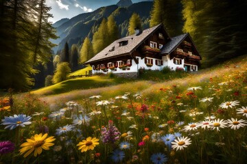 A traditional Bavarian chalet nestled amidst a meadow adorned with colorful wildflowers.