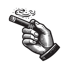 A smoking cigar in a man's hand.  Vintage retro engraving illustration. Black icon, logo, label. isolated element. png - obrazy, fototapety, plakaty