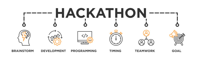 Hackathon banner web icon vector illustration concept for design sprint-like social coding event with icon of brainstorm, development, programming, timing, speed, teamwork, and goal