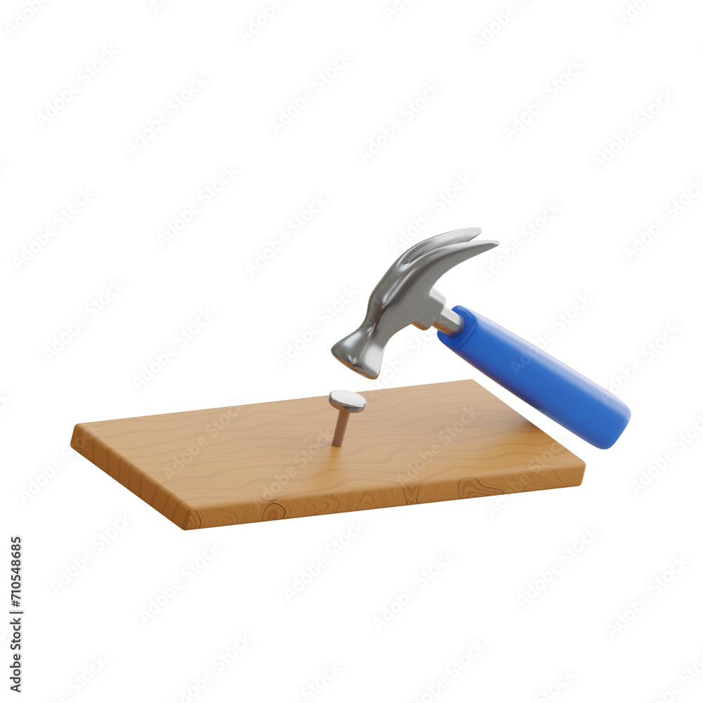 Poster 3d hammer model from nails to projects. 3d illustration, 3d element, 3d rendering. 3d visualization 